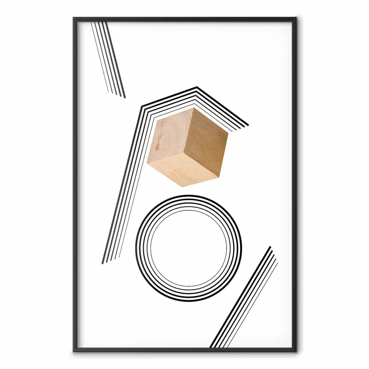 Drewniany sześcian - kostka z drewna wśród geometrycznej abstrakcji