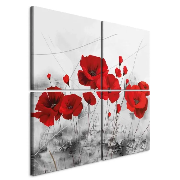 Czerwone maki na łące (4-częściowy) - kwiaty na szarym tle natury