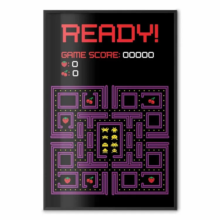 Ready! - napisy po angielsku oraz ikony owoców na mapie z gry Pacman