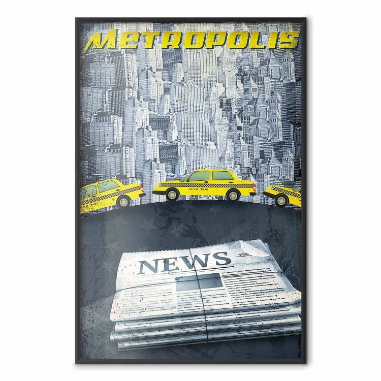 Metropolis - gazety z napisami i żółte samochody na tle wieżowców
