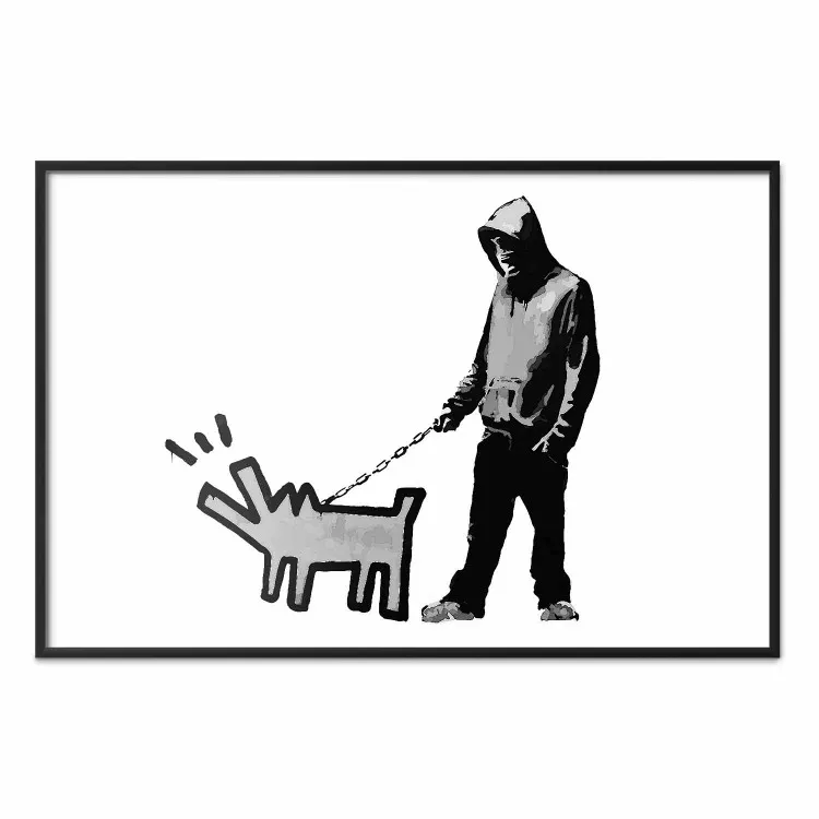 Dog Art - czarno-biała postać trzymająca psa na smyczy w stylu Banksy
