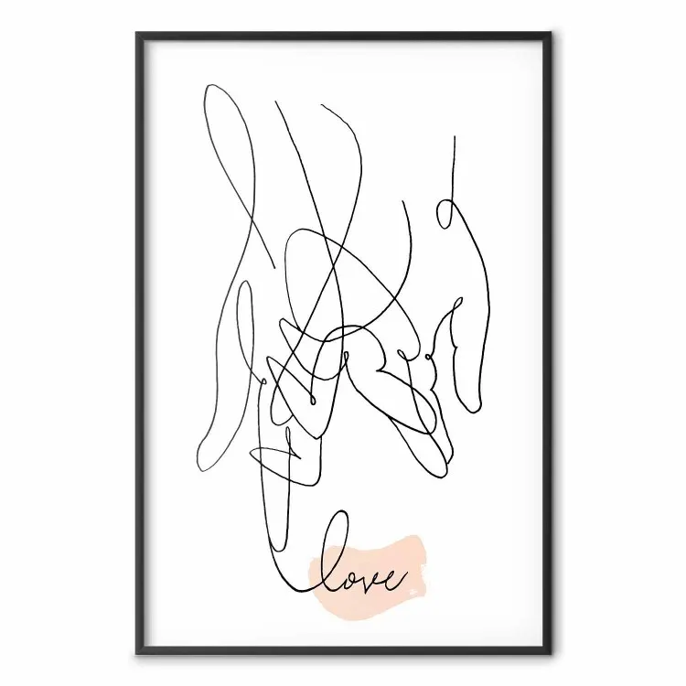 Splątane uczucie - line art trzymających się dłoni i angielski napis