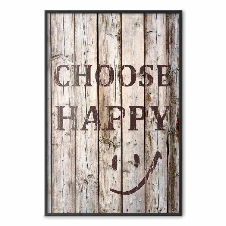 Choose Happy - czarny napis po angielsku na tle drewnianych desek