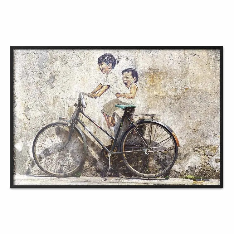 Beztroska - retro czarny rower na tle ściany z namalowanymi dziećmi