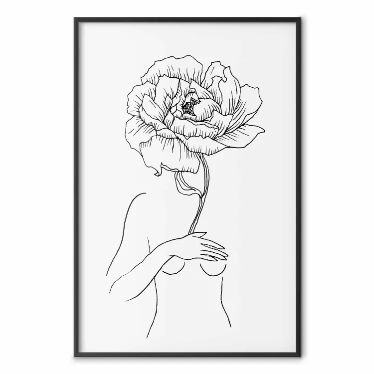 Zmysłowy rozkwit - line art kobiety i rośliny z kwiatem na jasnym tle