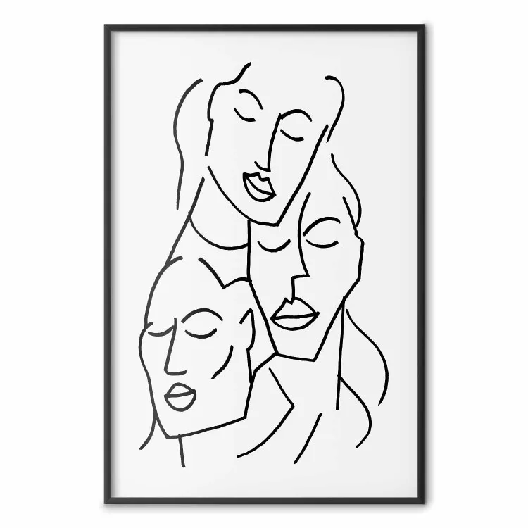 Trzy oblicza - czarny line art twarzy postaci na jednolitym szarym tle