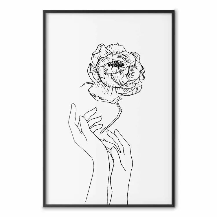 Delikatny kwiat - lineart kwiatów i dłoni na białym kontrastującym tle