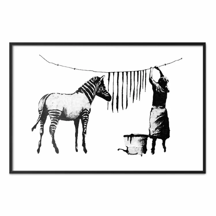 Banksy: Pranie zebry - czarno-biała zebra i kobieta wieszająca paski