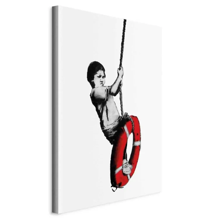 Chłopiec z kołem ratunkowym - czarno-biała grafika w stylu street art