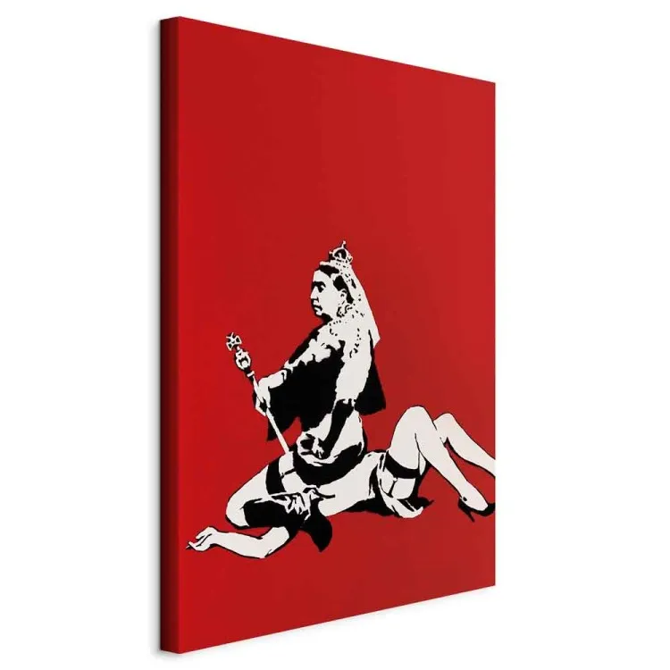 Królowa Banksy'ego - grafika w stylu street art na czerwonym tle