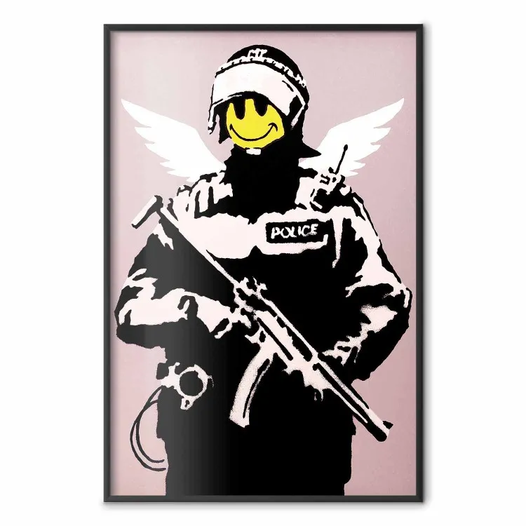 Policjant - człowiek z żółtą twarzą i skrzydłami w motywie Banksy