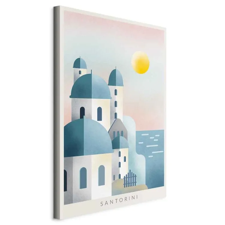Greckie Santorini - krajobraz z charakterystyczna białą architekturą wyspy Santorini oraz morzem z napisami