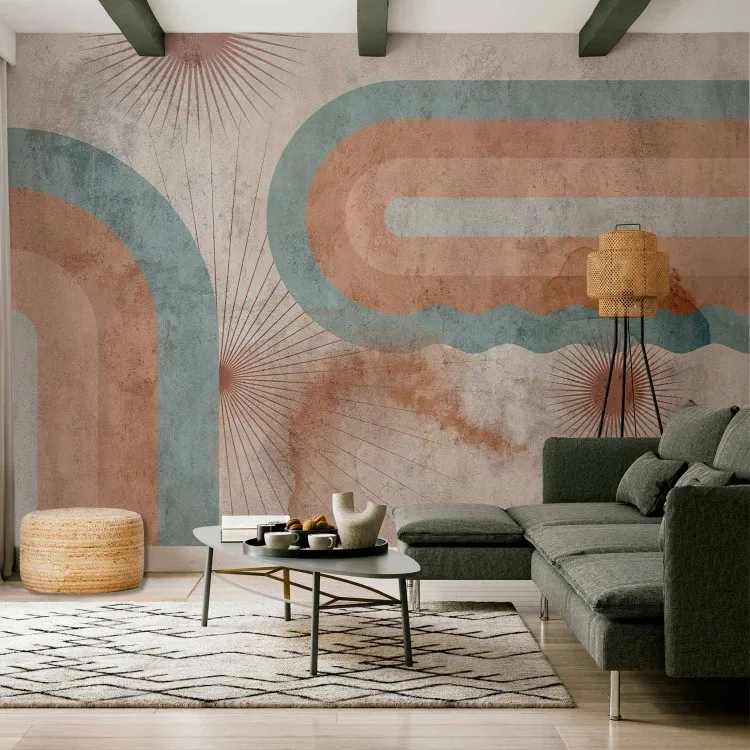 Geometryczna abstrakcja z teksturą - trzy słońca z deseniami retro