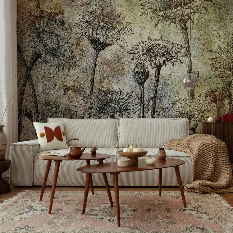 Stara rycina - rozkwitniętych polnych kwiatów z liśćmi w stylu retro