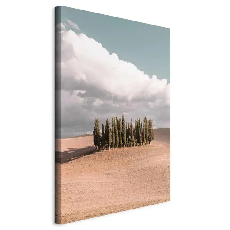 Toskański las - fotografia z pejzażem Toskanii, chmurami i cyprysami