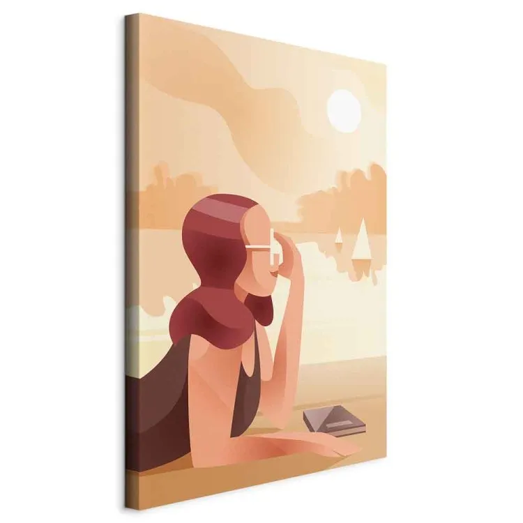 Kobieta nad jeziorem - grafika z plażą, sylwetką kobiety i żaglówkami