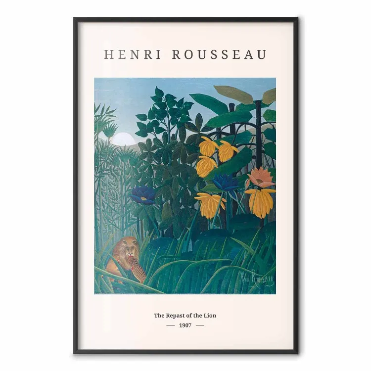 Henri Rousseau: Poczęstunek lwa - czarne napisy i kolorowe rośliny