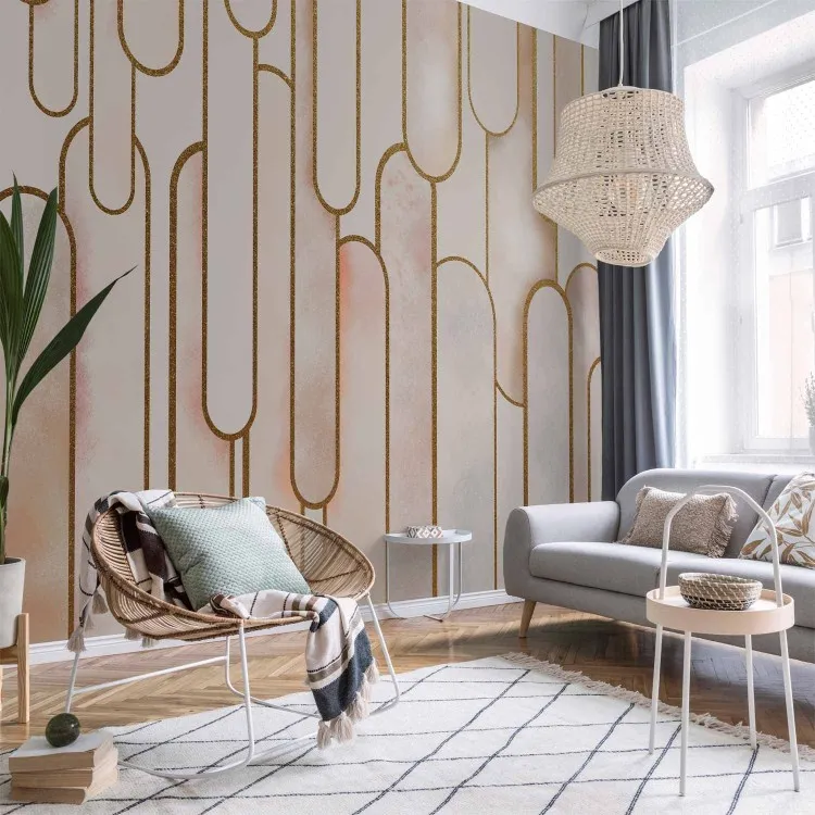 Elegancka abstrakcja art deco - pudrowe kształty ze złotymi deseniami