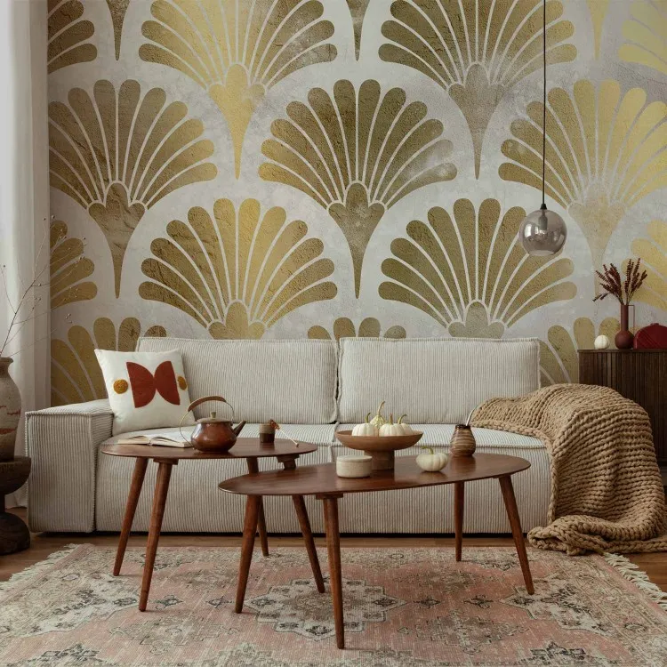 Abstrakcja - motyw złotych wachlarzy w stylu art deco na białym tle