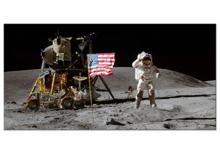 Lądowanie na Księżycu - zdjęcie flagi, statku i astronauty w kosmosie