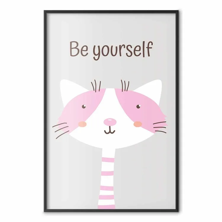 Be yourselfe - różowy wesoły kot i motywujące hasło dla dzieci