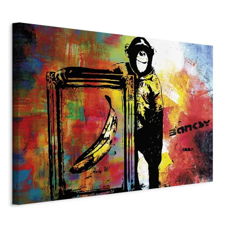 Małpa z bananem (1-częściowy) - mural w stylu Banksy na kolorowym tle
