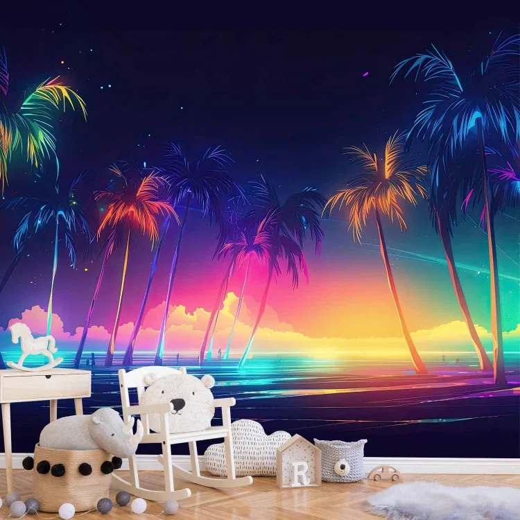 Plaża i kolory - ocean i tropikalne palmy z neonowymi światłami