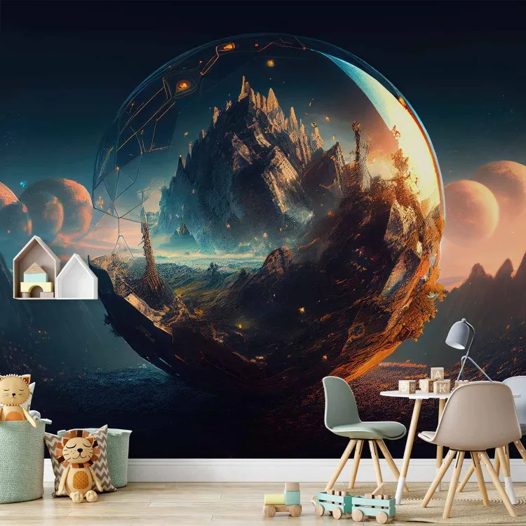 Magiczna dolina - górski krajobraz w szklanej kuli z planetami w tle