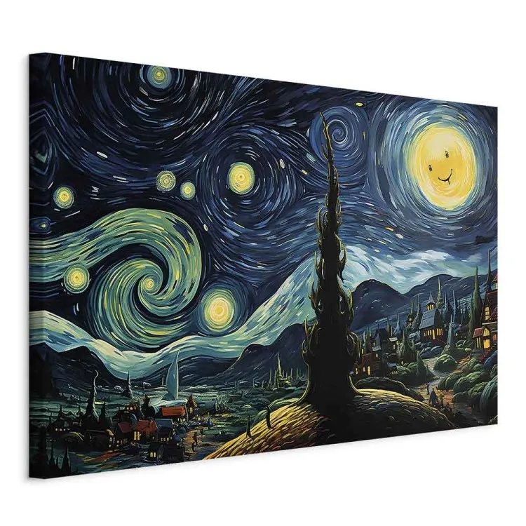 Gwiaździsta noc - pejzaż w stylu van Gogha z uśmiechniętym księżycem