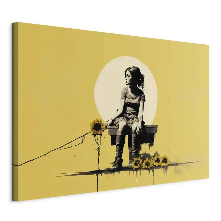 Dziewczyna i słoneczniki - żółta kompozycja inspirowana stylem Banksy