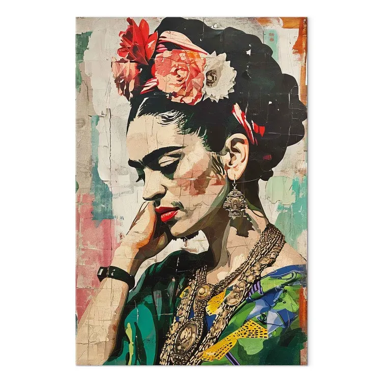 Frida Kahlo - kolorowy portret kobiety na popękanej ścianie [Large Format]
