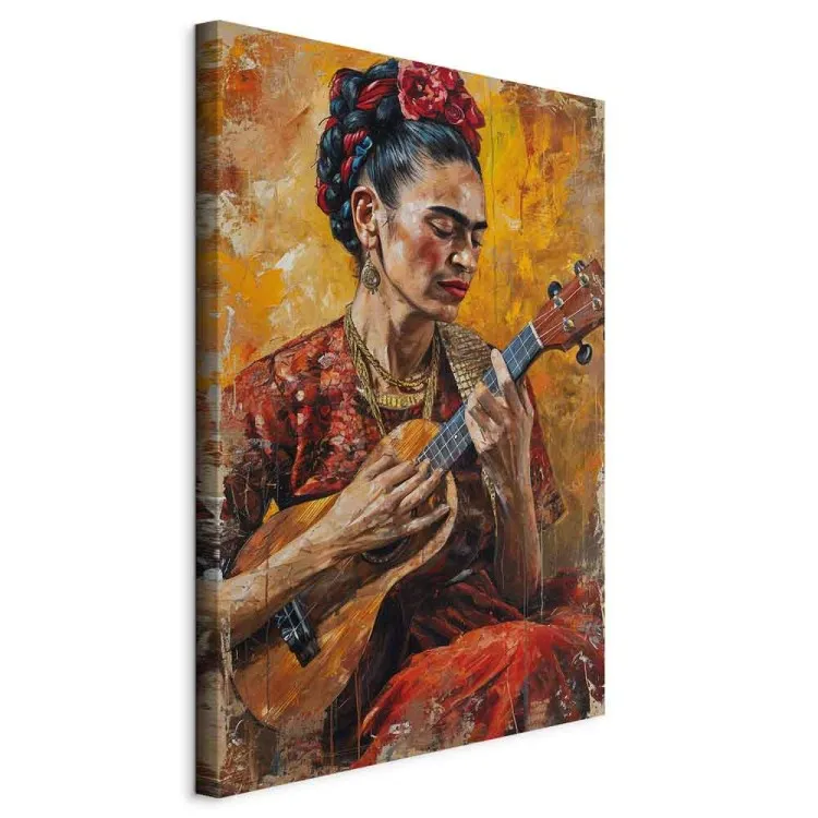 Frida Kahlo - portret kobiety grającej na ukulele w brązowych tonach