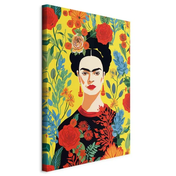 Frida Kahlo - portret artystki na żółtym kwiecistym tle