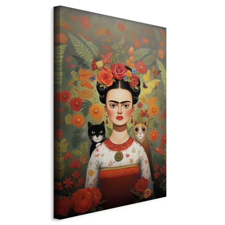 Kreskówkowa Frida - kolorowy portret artystki z dwoma kotkami