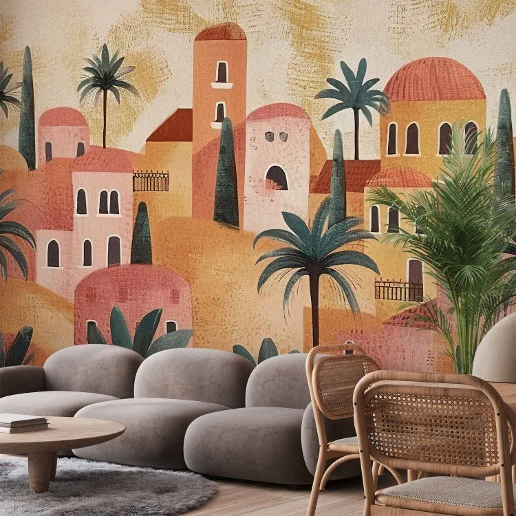 Miasteczko wśród palm - pejzaż z domkami w stylu terracotta
