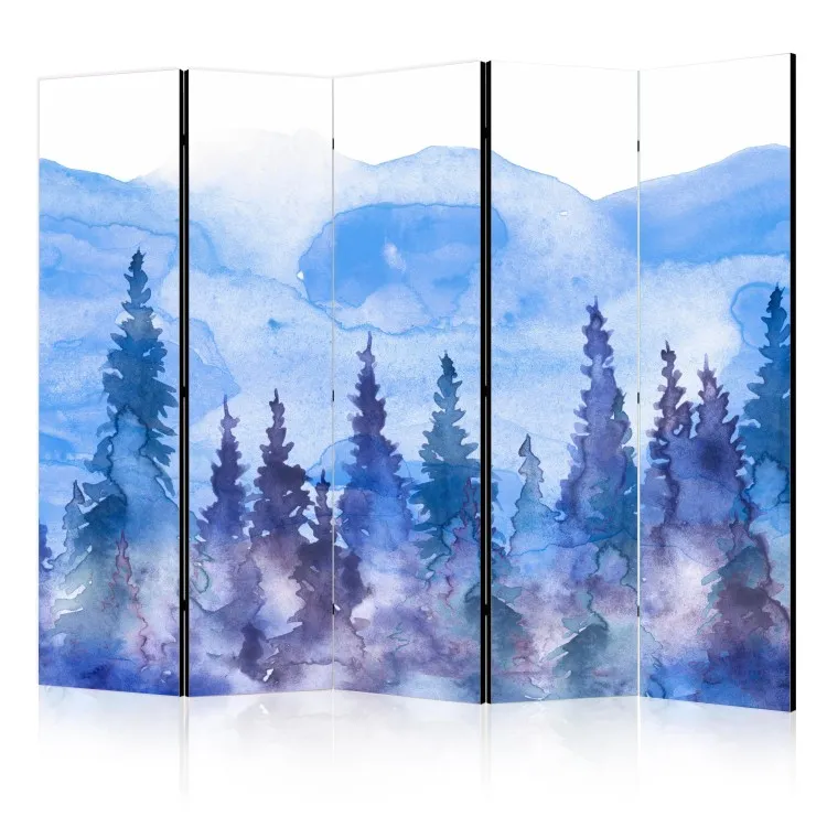 Akwarelowy pejzaż - kobaltowy las choinek na tle szczytów gór II [Room Dividers]