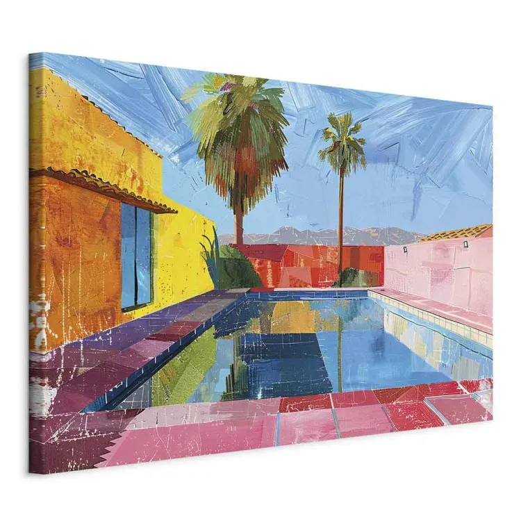 Kolorowy basen - tropikalne palmy i barwne ściany przy wodzie