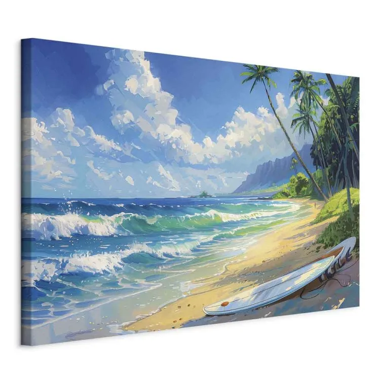 Samotna deska - plaża z falami oceanu i palmami w tle