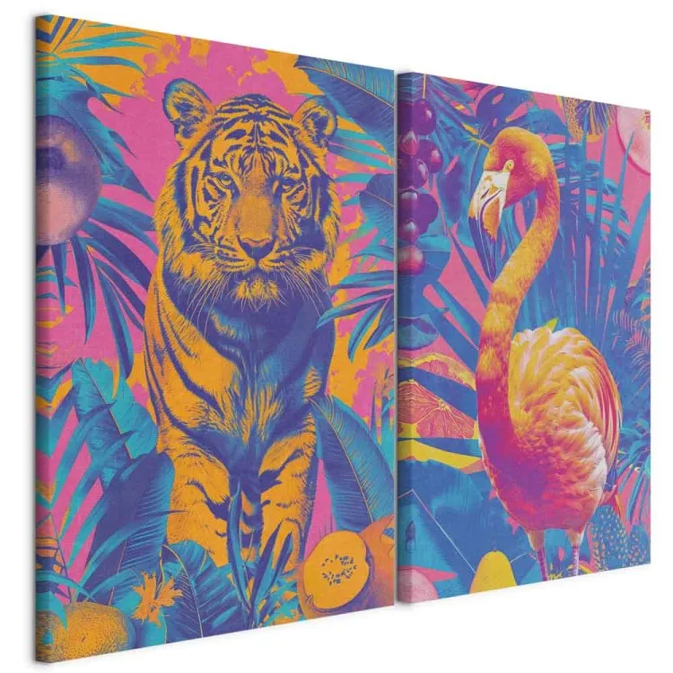 Tropikalne obrazy - zwierzęta w stylu pop-art na tle barwnej dżungli