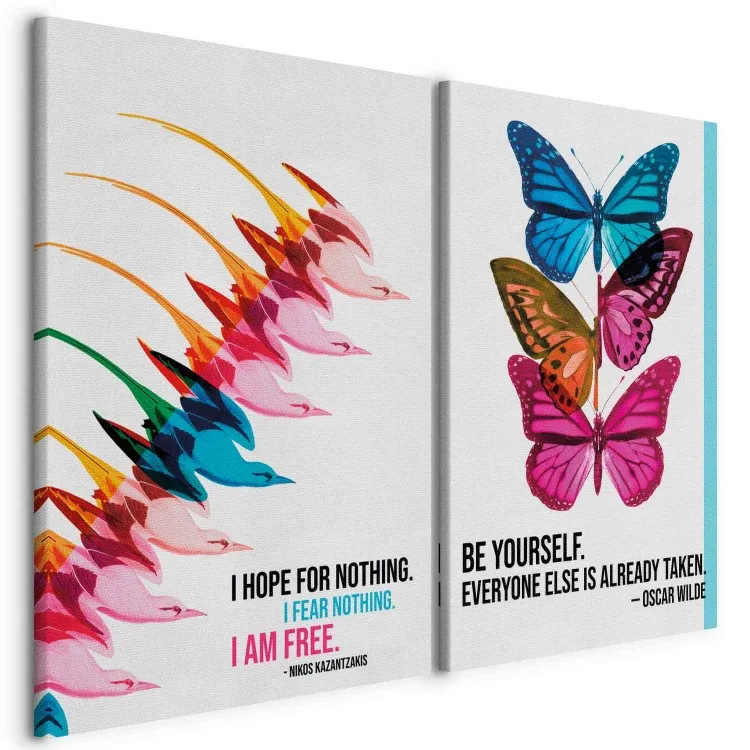 Ptaki wolności i motyle - inspirujące cytaty Kazantzakisa i Wilde’a z kolorowym tłem